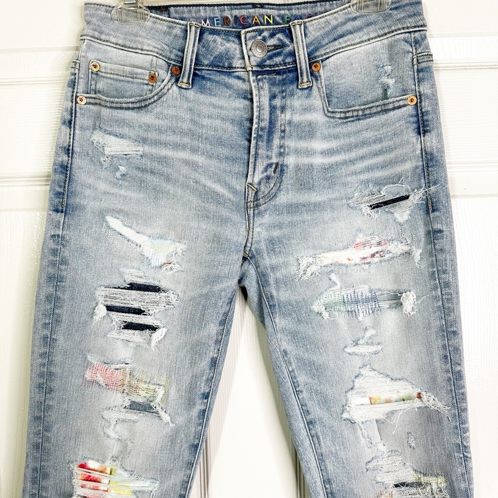 NWOT American Eagle Airflex+ Patched Athletic Skinny Jeans Light Blue Mens 29x32 - Picture 6 of 12